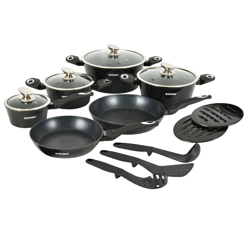 Herzberg HG-METBK15 marmorkattega kööginõude komplekt (15 osa), must