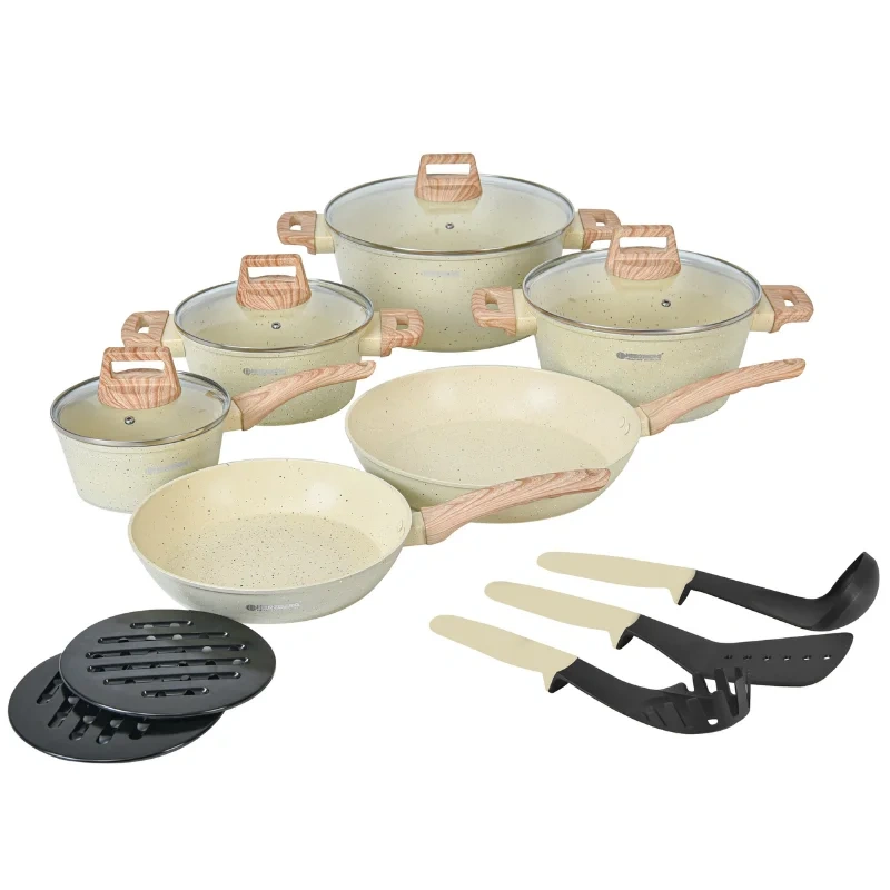 Herzberg HG-WDBEJ15 – 15-osaline graniitkattega köögitarvete komplekt, beež