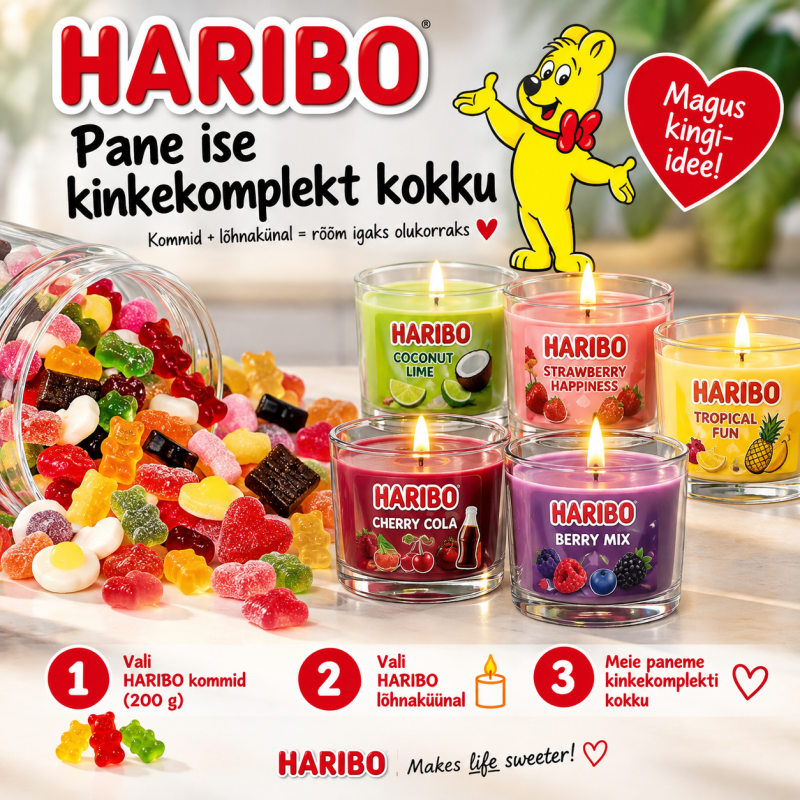 Pane ise HARIBO kinkekomplekt kokku – 3 kommisorti + lõhnaküünal