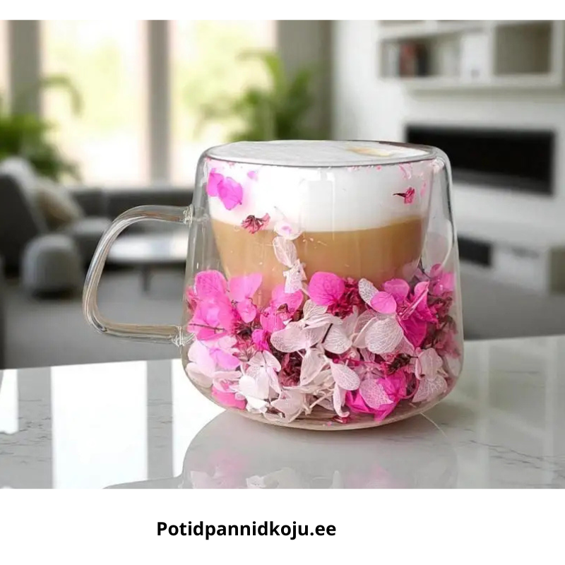 Topeltseinaga termoklaas valgete hortensia õitega, 180 ml