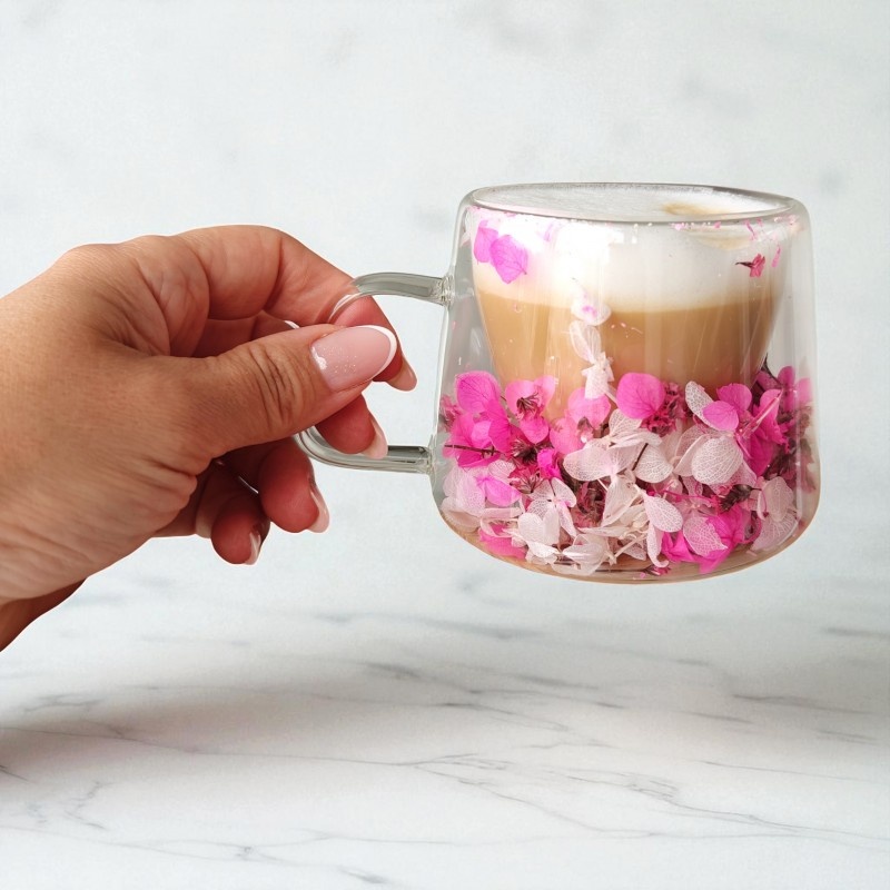 Topeltseinaga termoklaas hortensia õitega kinkekarbis, roosa 180ml